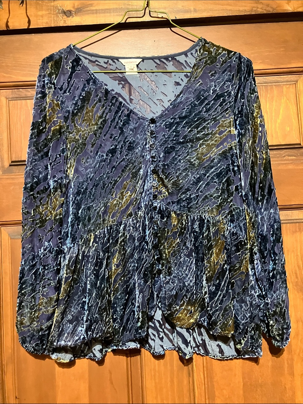 Sundance Crushed Velvet Peplum Blouse in Blue & Olive